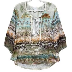 Chico’s Boho Peasant Top Size 2/L Earth Tone Tribal Sweater Knit Chiffon Sleeves
